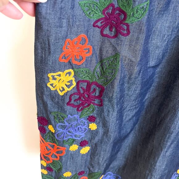 Eshakti Floral Embroidered Boho Sheath Dress Size XL Chambray Denim Cotton India - Picture 5 of 7